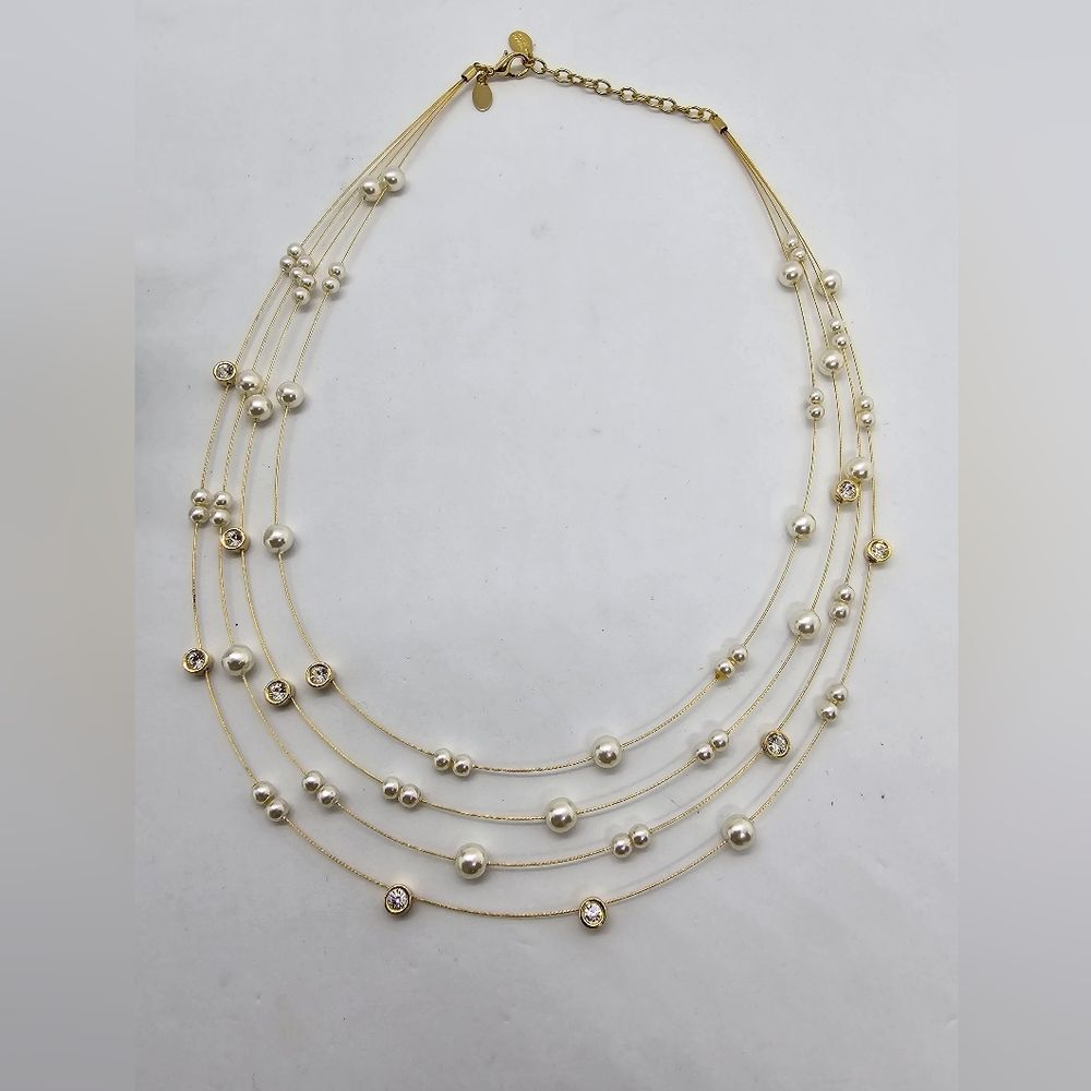 Vtg NOLAN MILLER Necklace Choker Floating Faux Pearls Rhinestones Glam Jewelry
